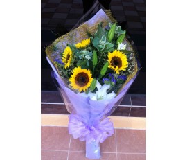 F29 SUNFLOWER WITH WHITE LILIES BOUQUET